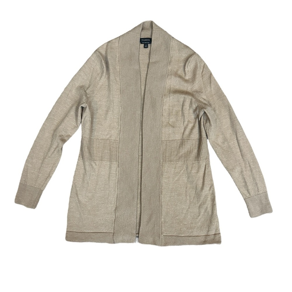 Talbots Lightweight 100% Pure Merino Wool Camel Tan Open Front Cardigan Sweater